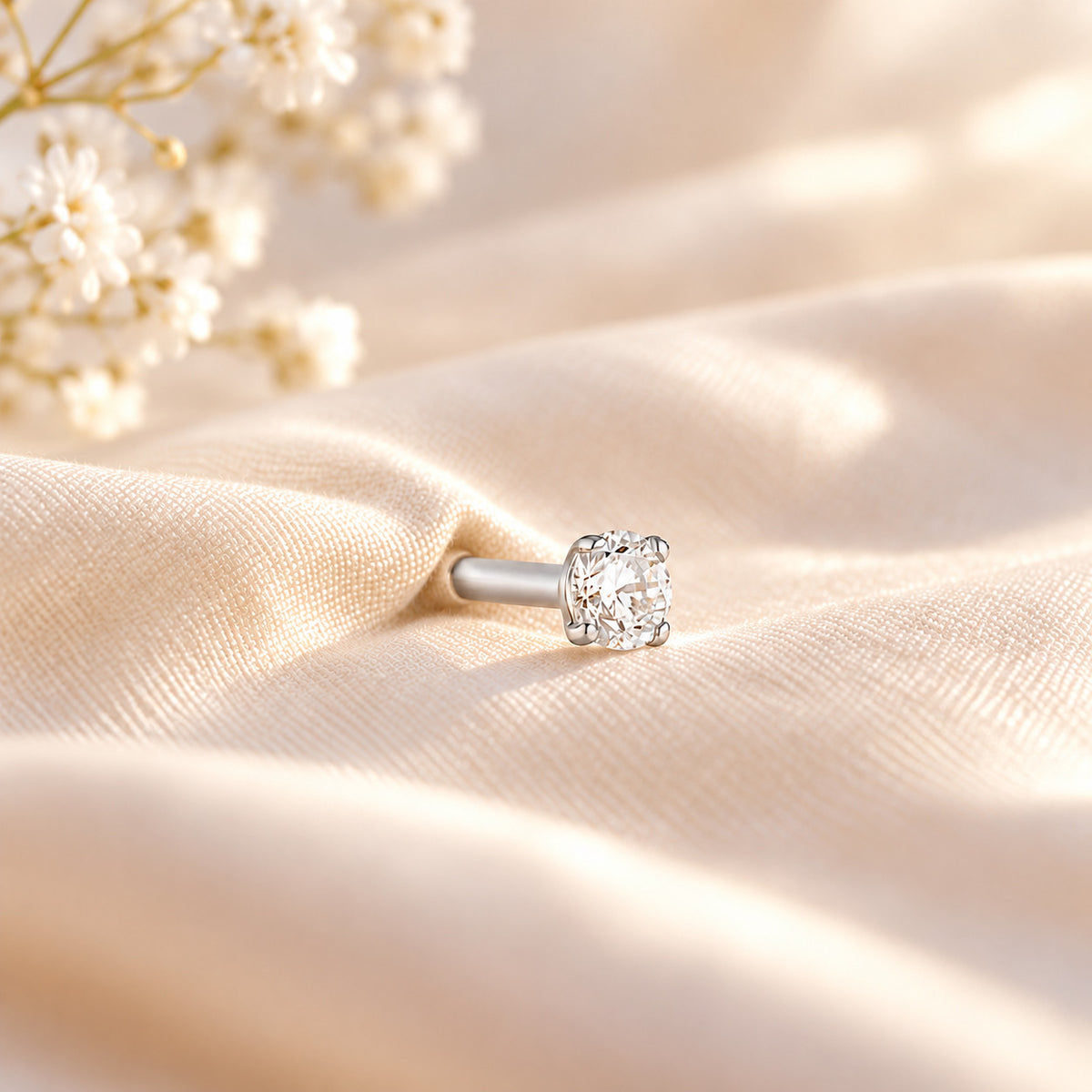 Jane flat back stud in 925 sterling silver on cream silk